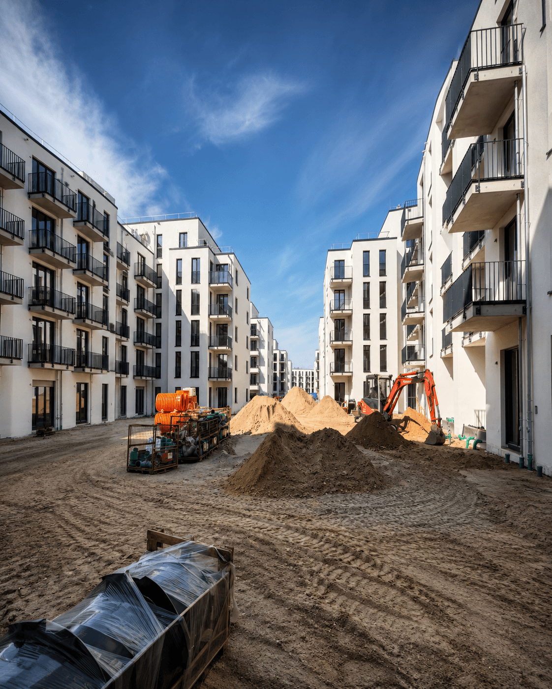 Innenhof einer neuen Wohnanlage mit Erdarbeiten und Balkonen